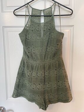 Pink Rose Olive Green Crochet Lace Halter Romper